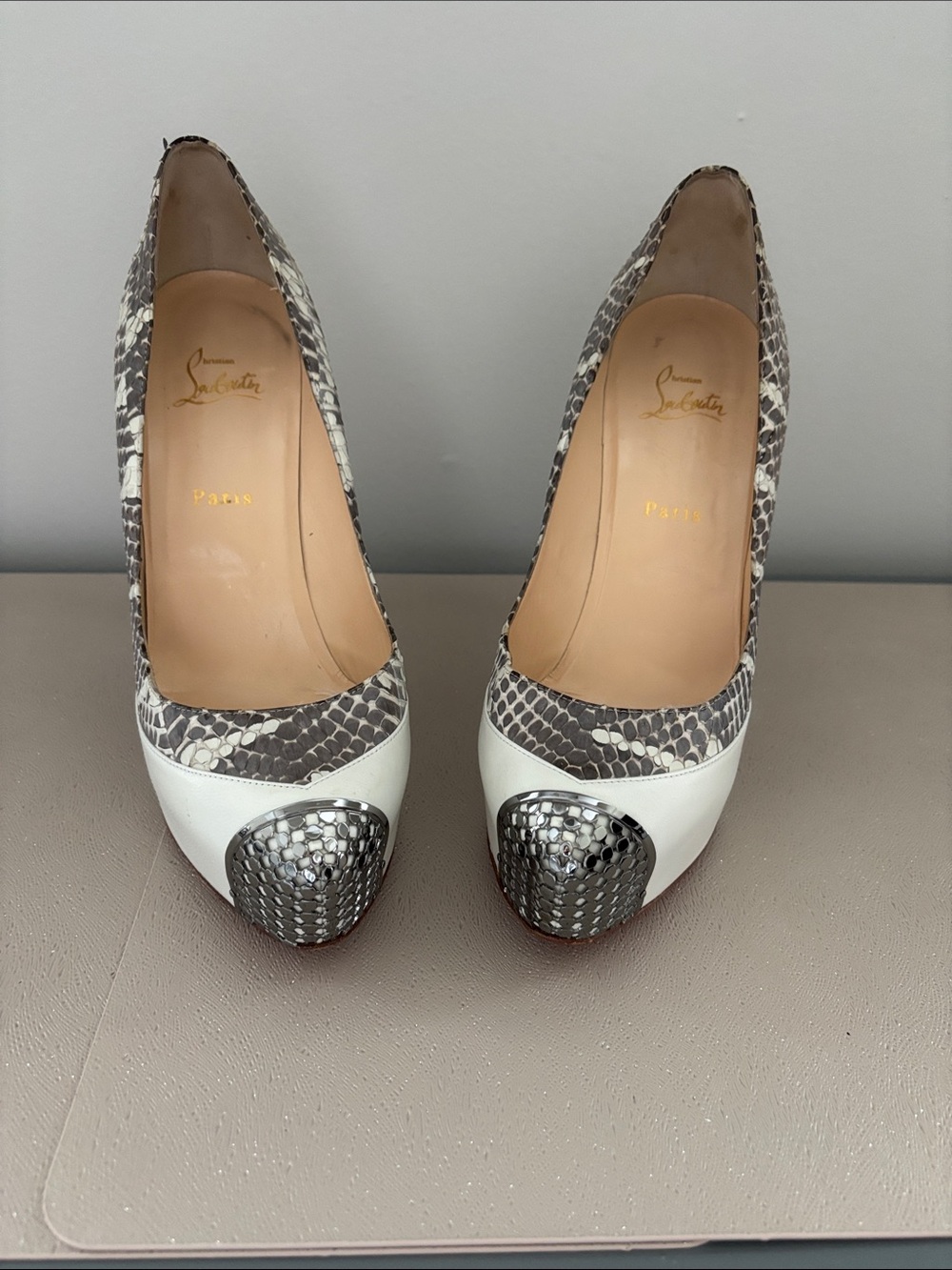 Christian Louboutin White and Gray Snakeskin Cap-Toe Pumps with Metallic Accent